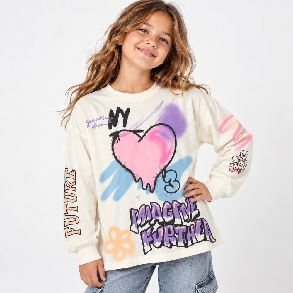 Zara Long Sleeve Kids Sweater White Graffiti Heart Imagine Further Size 11-12